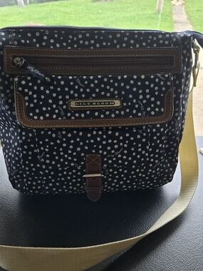Lily Bloom Navy Polka Dot Crossbody with Brown Trim and Yellow Accent